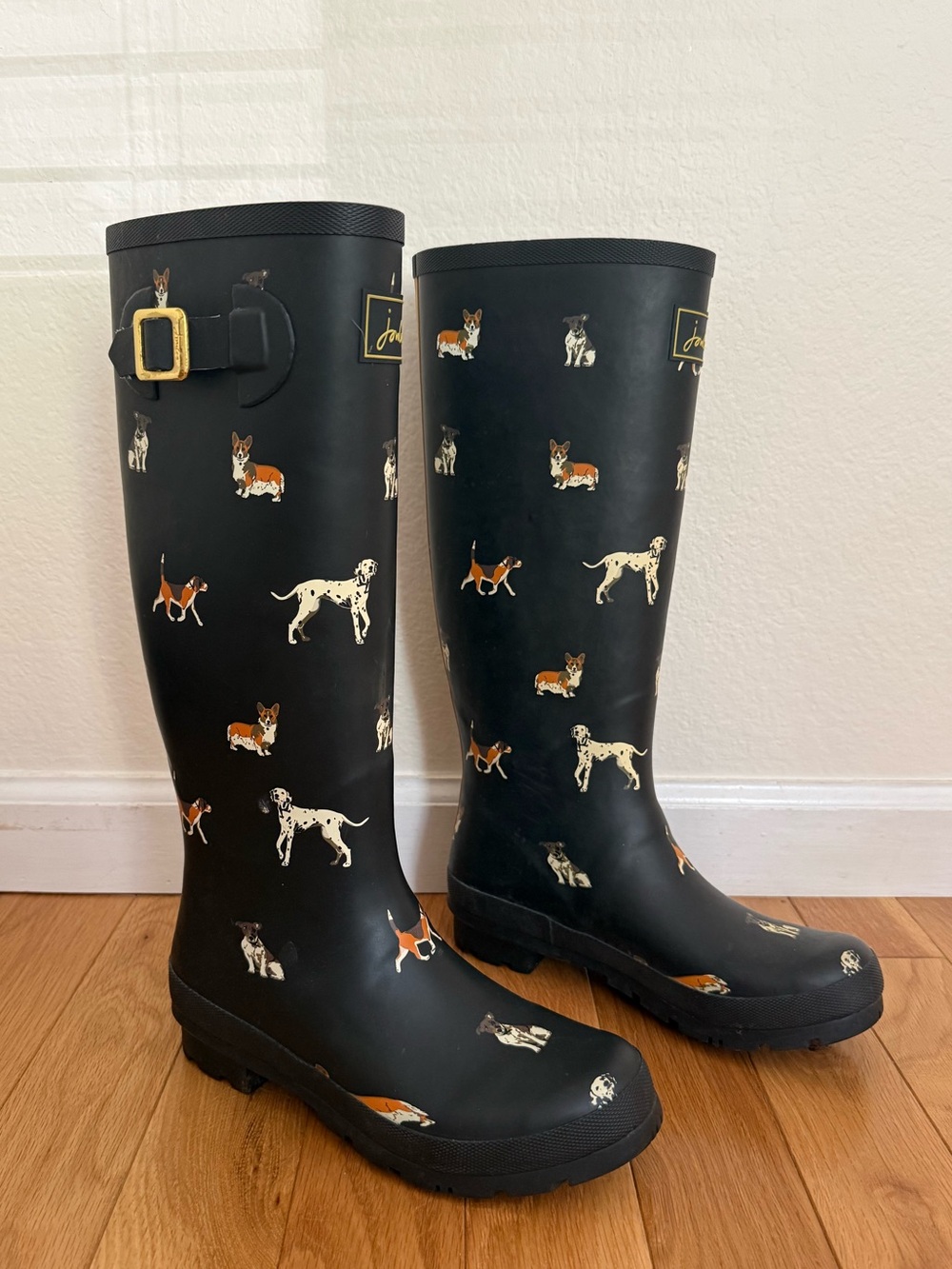 Joules Dog Print Tall Black Wellies Rain Boots Size 8.5/39